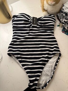 La Blanca Black & White Striped Strapless One-Piece Swimsuit
